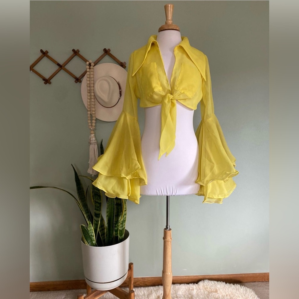 Vintage 70s Giant Double Bell Sleeve Yellow Tie Top with Dagger Collar